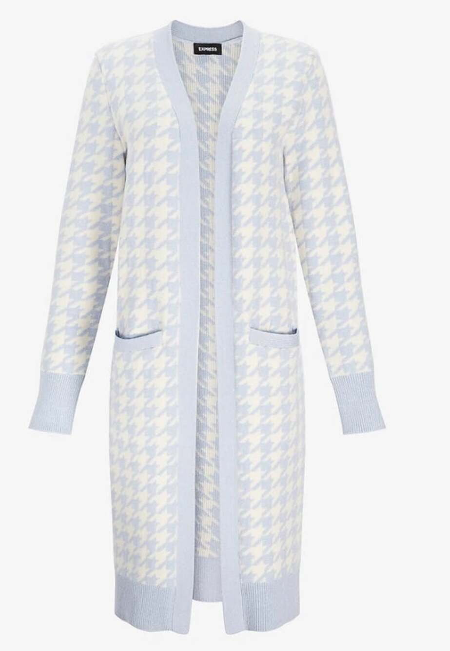 EXPRESS BLUE IVORY METALLIC HOUNDSTOOTH PRINT DUSTER CARDIGAN